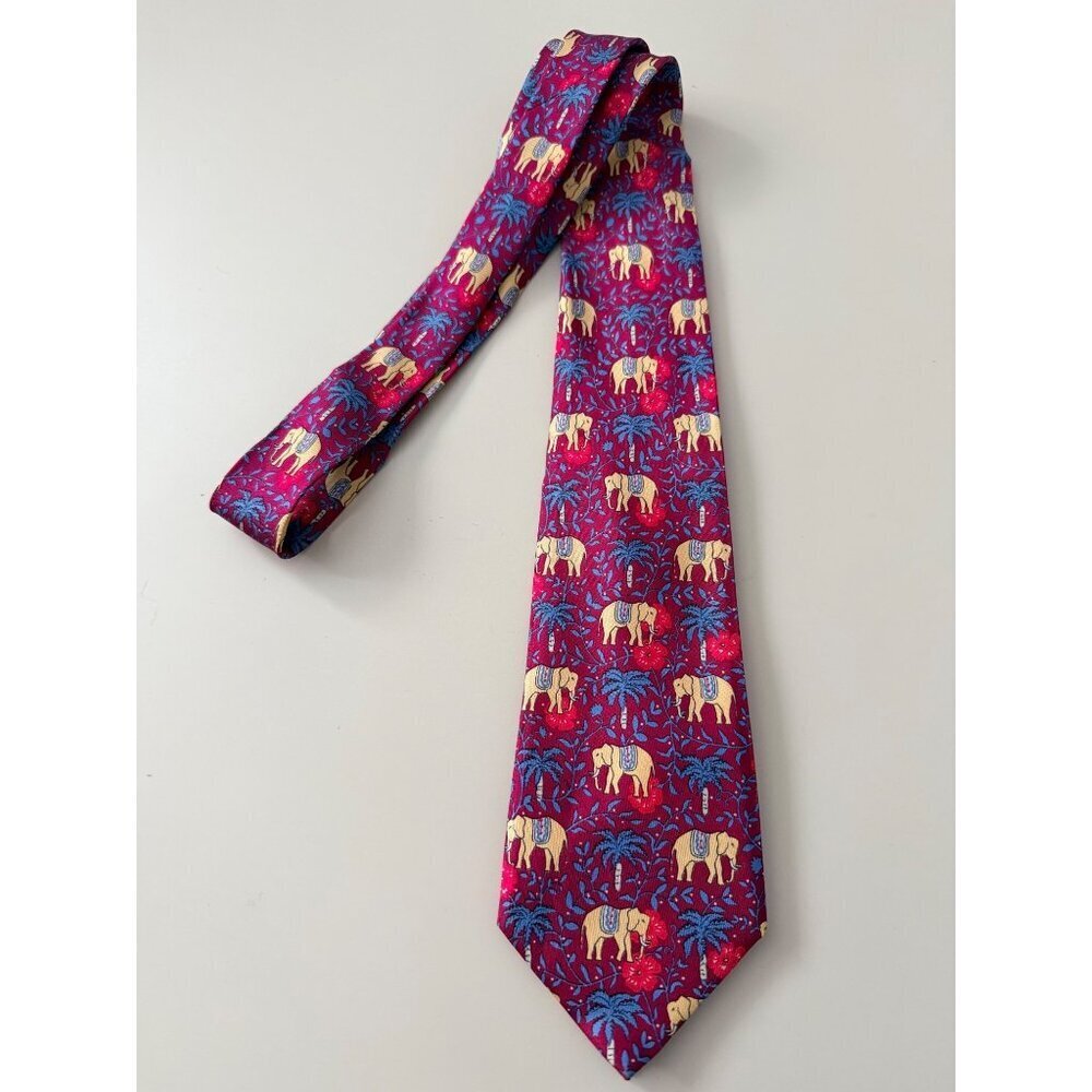 Hermès Paris Silk Necktie With Elephant & Palm Tree Design Made In France